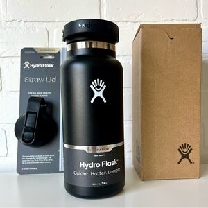 New Hydro Foask, 32 oz, wide mouth with additional new Straw Lid, Black